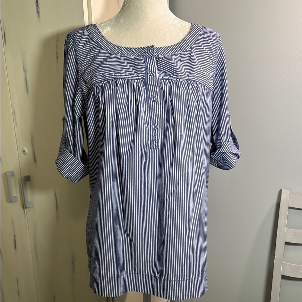Liz Claiborne Blue and White Striped Smocked Blouse with Bib Collar